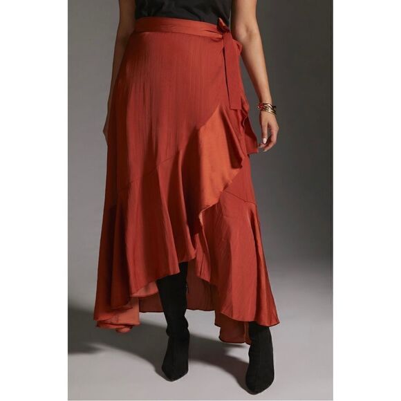 NEW Anthropologie Maeve Dark Orange Ruffled Silky Wrap Tie Maxi Skirt Plus 1X - Picture 2 of 5